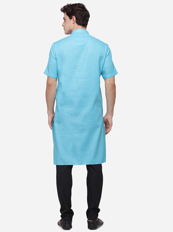 Teal Blue Self Textured Regular Fit Modi Kurta | JadeBlue