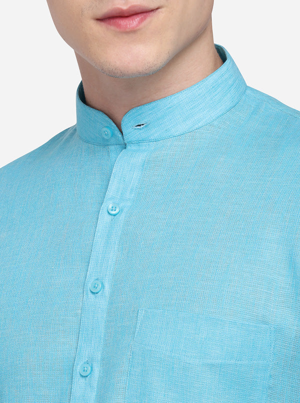 Teal Blue Self Textured Regular Fit Modi Kurta | JadeBlue