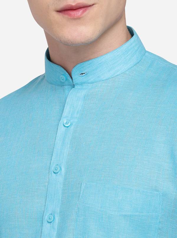 Teal Blue Self Textured Regular Fit Modi Kurta | JadeBlue