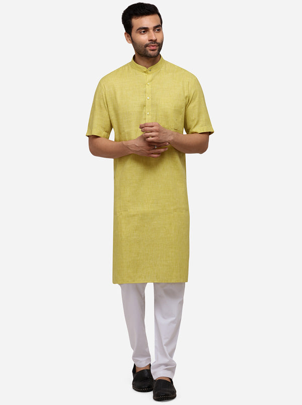 Light Green Self Textured Regular Fit Modi Kurta | JadeBlue