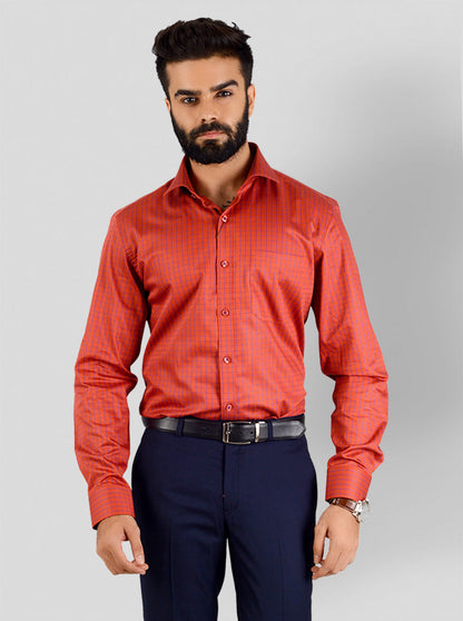 Bright Orange & Blue Checked Slim Fit Evening Wear Shirt | Metal