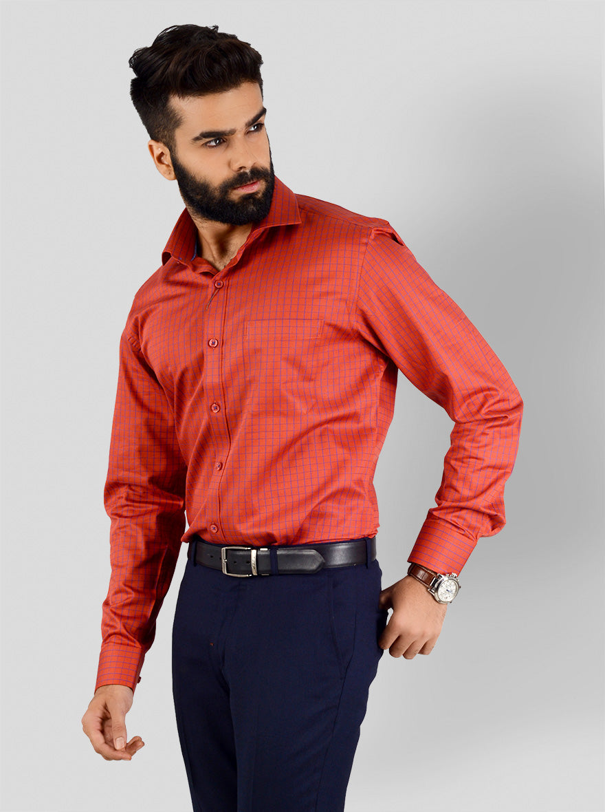 Bright Orange & Blue Checked Slim Fit Evening Wear Shirt | Metal