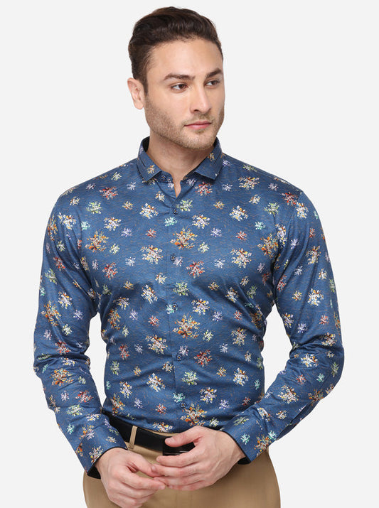 Blue Printed Slim Fit Party Wear Shirt | JB Studio