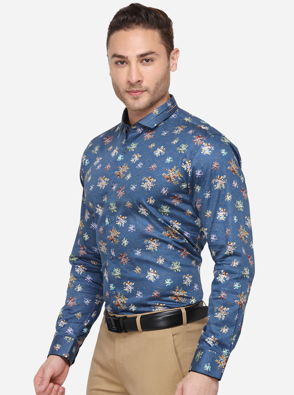 Blue Printed Slim Fit Party Wear Shirt | JB Studio