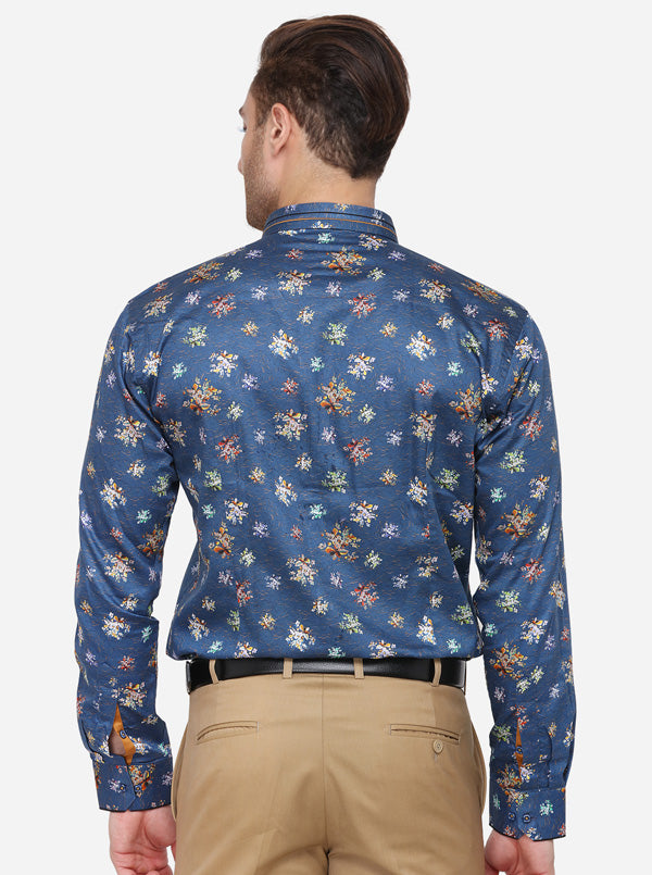 Blue Printed Slim Fit Party Wear Shirt | JB Studio