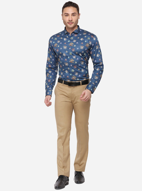 Blue Printed Slim Fit Party Wear Shirt | JB Studio