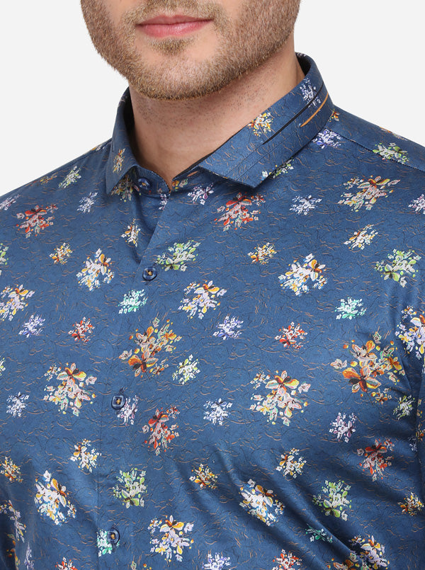 Blue Printed Slim Fit Party Wear Shirt | JB Studio