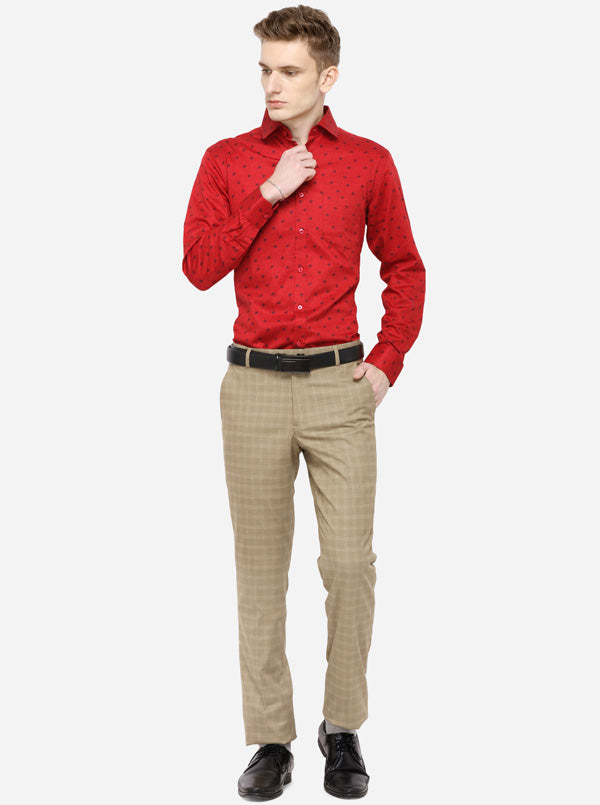 Beige Checked Super Slim Fit Formal Trouser | Greenfibre