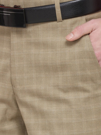 Beige Checked Super Slim Fit Formal Trouser | Greenfibre
