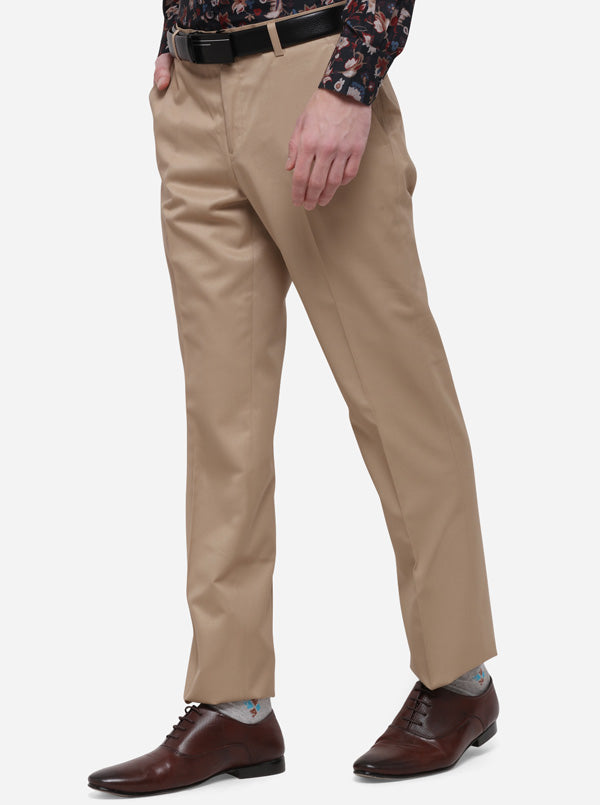 Beige Solid Classic Fit Formal Trouser | Greenfibre