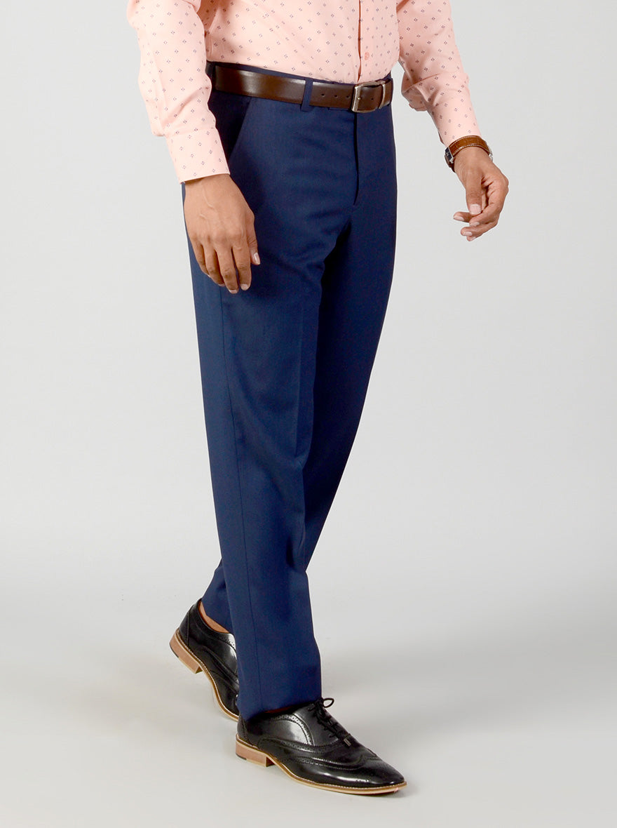 Blue Self Textured Regular Fit Formal Trouser | Greenfibre