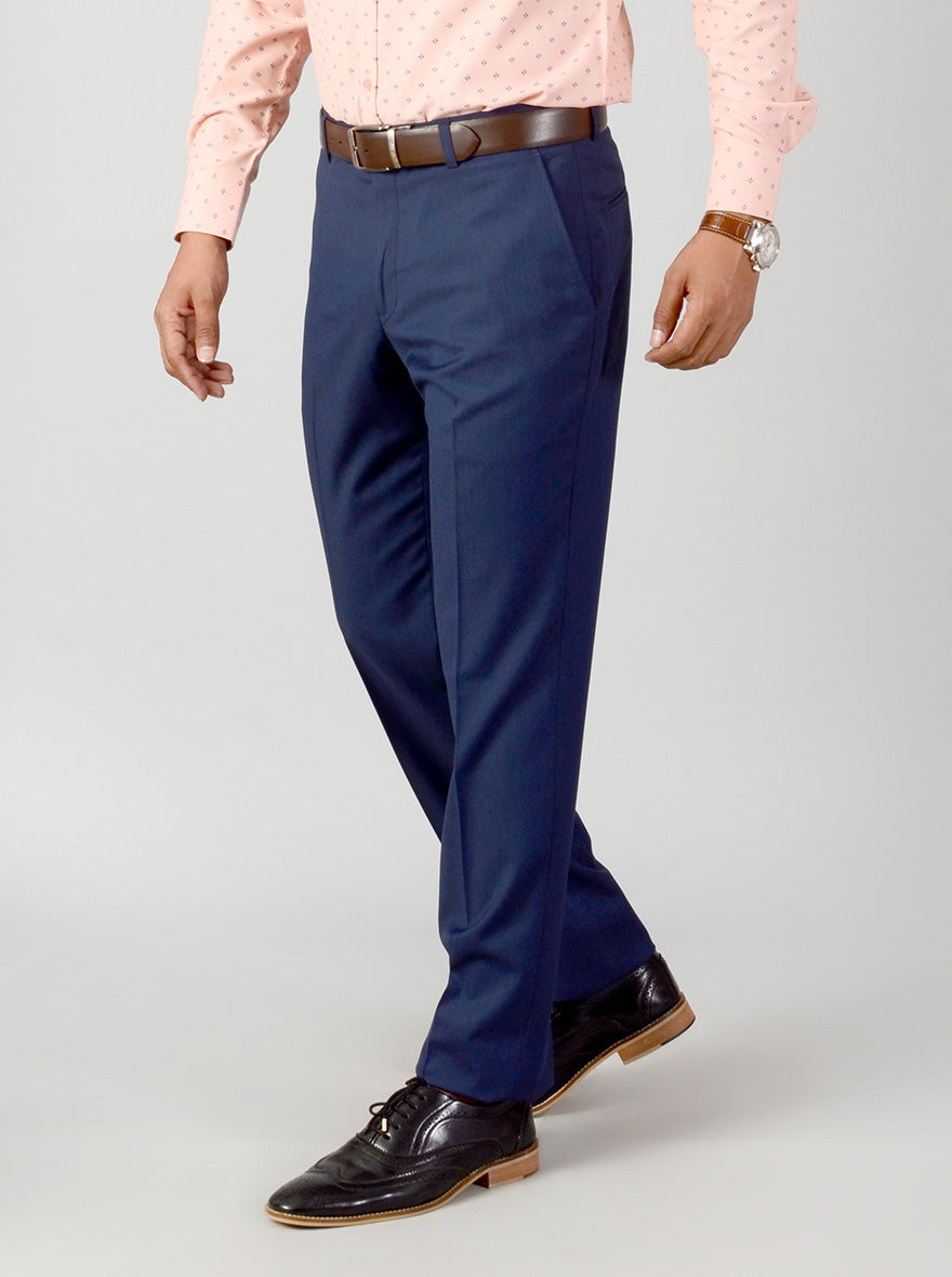 Blue Self Textured Regular Fit Formal Trouser | Greenfibre