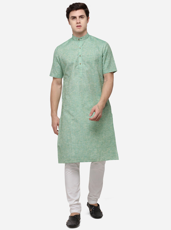Light Green Self Textured Regular Fit Modi Kurta | JadeBlue