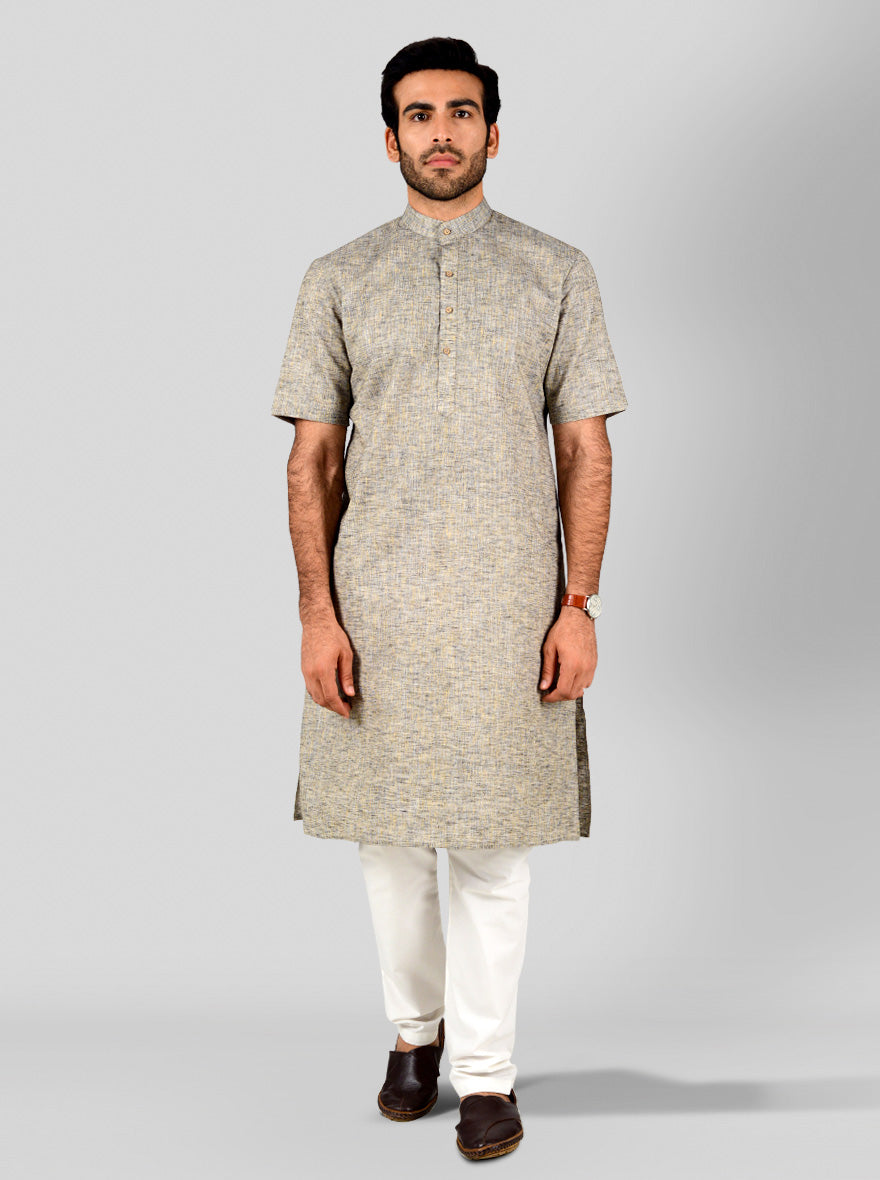 Grey & Blue Self Textured Regular Fit Modi Kurta | JadeBlue