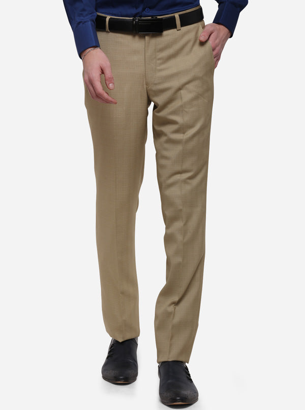 Beige Checked Slim Fit Formal Trouser | Greenfibre