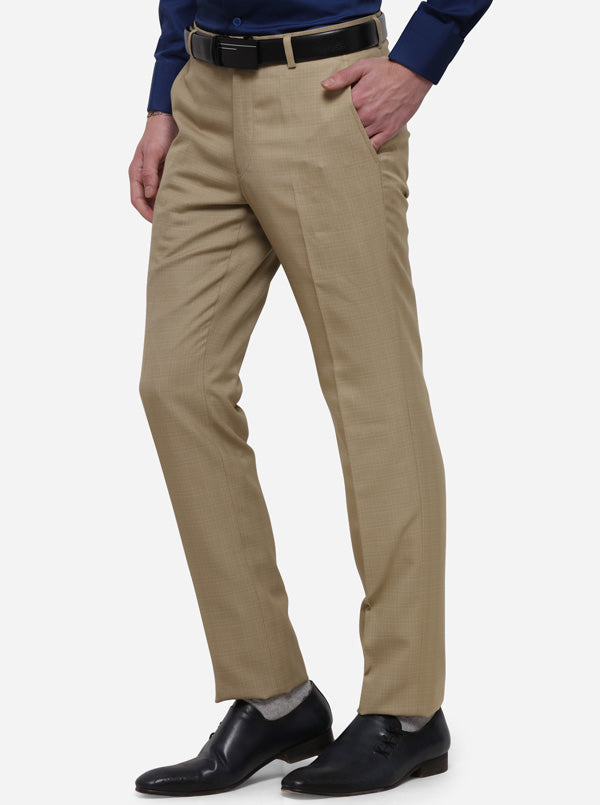 Beige Checked Slim Fit Formal Trouser | Greenfibre