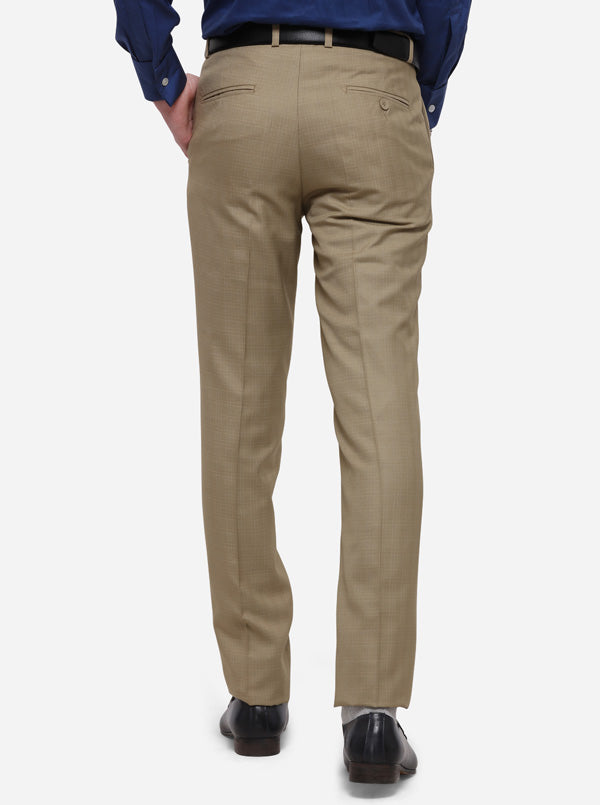 Beige Checked Slim Fit Formal Trouser | Greenfibre