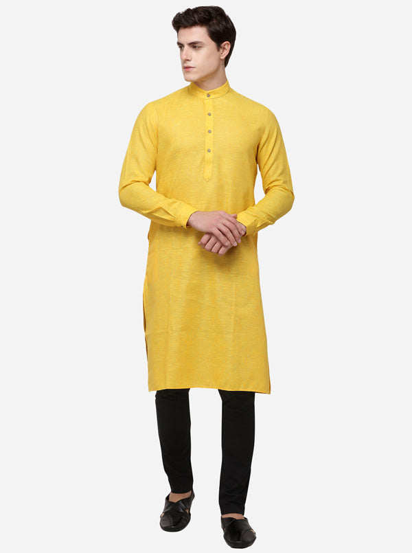 Yellow Self Textured Regular Fit Modi Kurta | JadeBlue