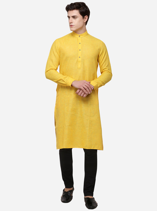 Yellow Self Textured Regular Fit Modi Kurta | JadeBlue