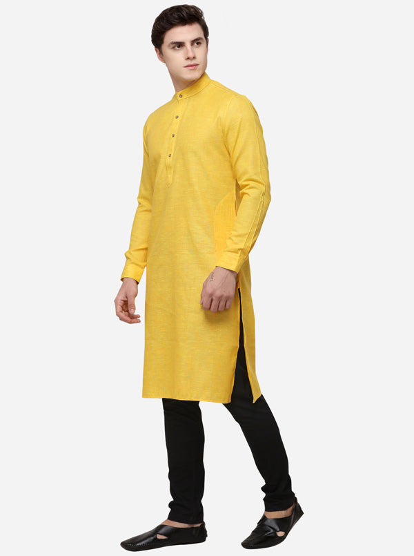 Yellow Self Textured Regular Fit Modi Kurta | JadeBlue