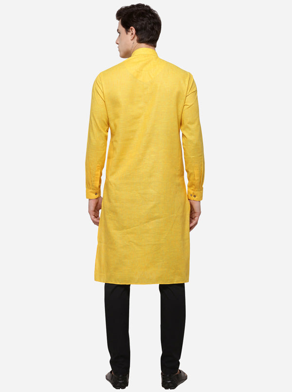 Yellow Self Textured Regular Fit Modi Kurta | JadeBlue