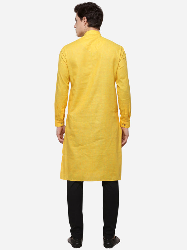 Yellow Self Textured Regular Fit Modi Kurta | JadeBlue