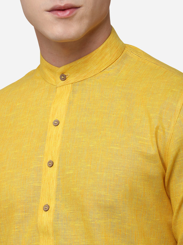 Yellow Self Textured Regular Fit Modi Kurta | JadeBlue