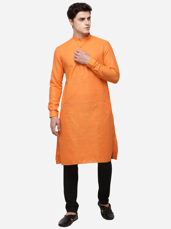 Orange Self Textured Regular Fit Modi Kurta | JadeBlue