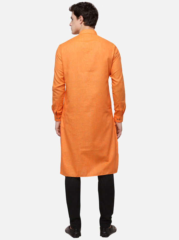 Orange Self Textured Regular Fit Modi Kurta | JadeBlue
