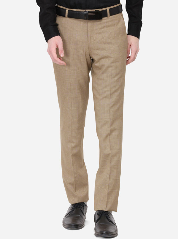 Beige Checked Slim Fit Formal Trouser | Greenfibre