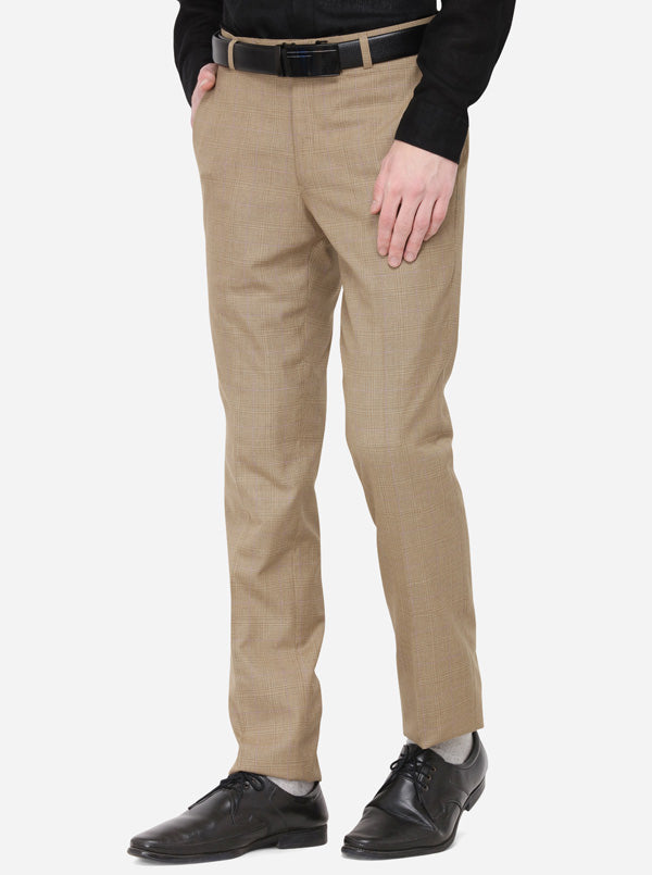 Beige Checked Slim Fit Formal Trouser | Greenfibre