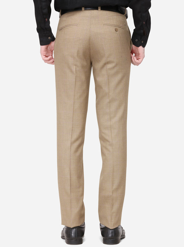 Beige Checked Slim Fit Formal Trouser | Greenfibre