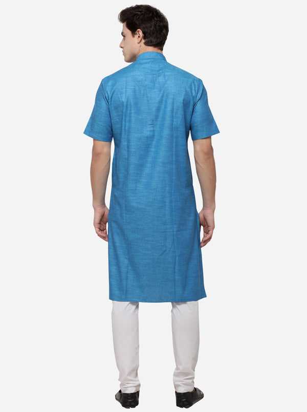 Cerulean Blue Self Textured Regular Fit Modi Kurta | JadeBlue