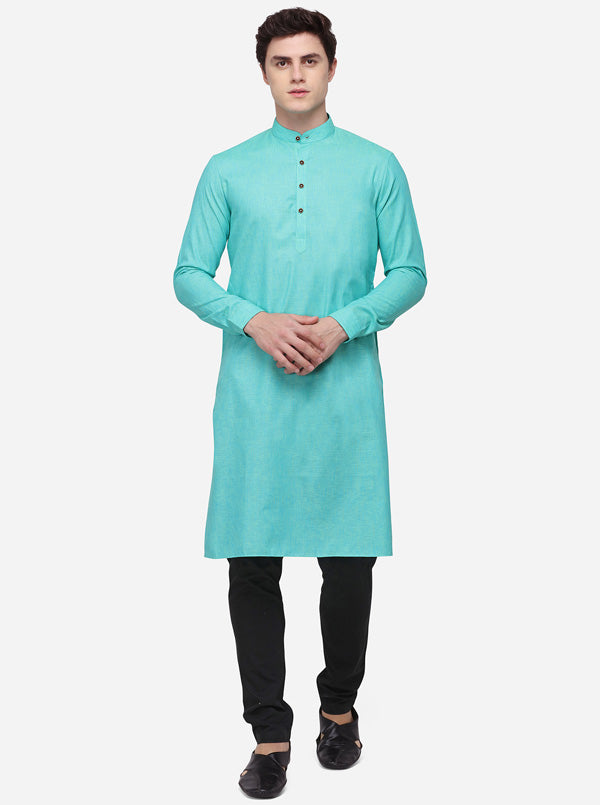 Sea Green Self Textured Regular Fit Modi Kurta | JadeBlue