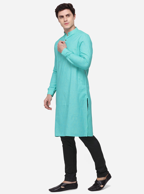 Sea Green Self Textured Regular Fit Modi Kurta | JadeBlue