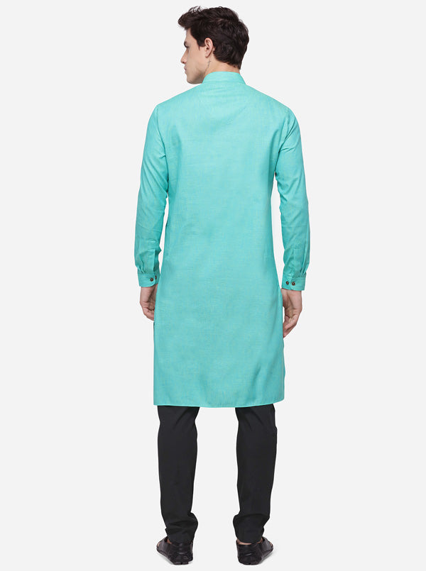 Sea Green Self Textured Regular Fit Modi Kurta | JadeBlue