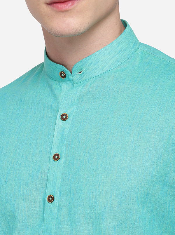 Sea Green Self Textured Regular Fit Modi Kurta | JadeBlue