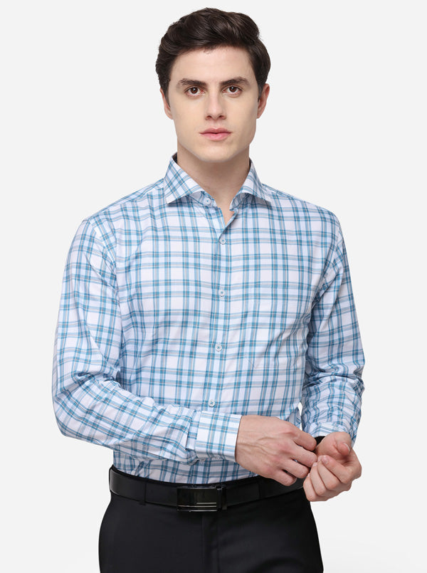 White & Blue Checked Slim Fit Formal Shirt | JadeBlue