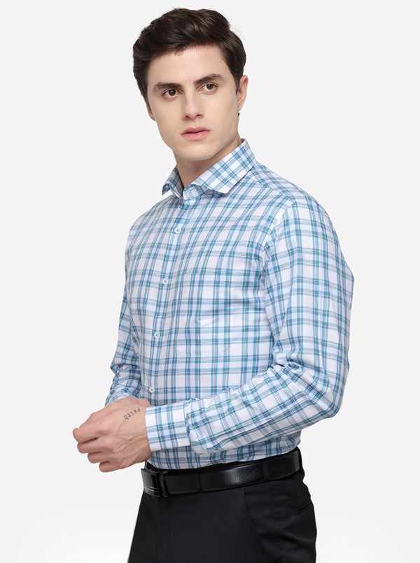 White & Blue Checked Slim Fit Formal Shirt | JadeBlue