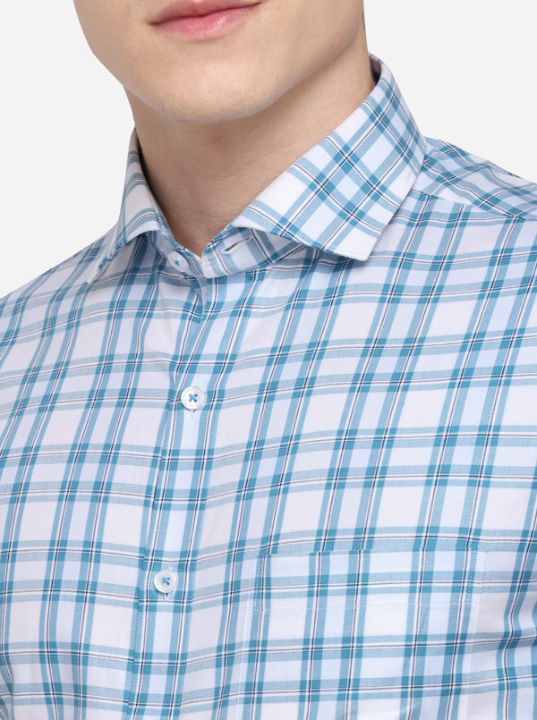 White & Blue Checked Slim Fit Formal Shirt | JadeBlue