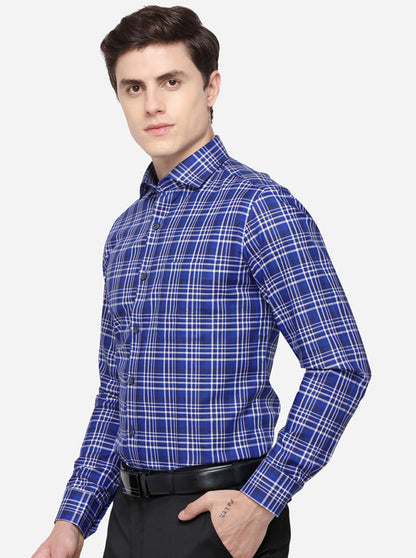 Royal Blue & White Checked Slim Fit Formal Shirt | JadeBlue