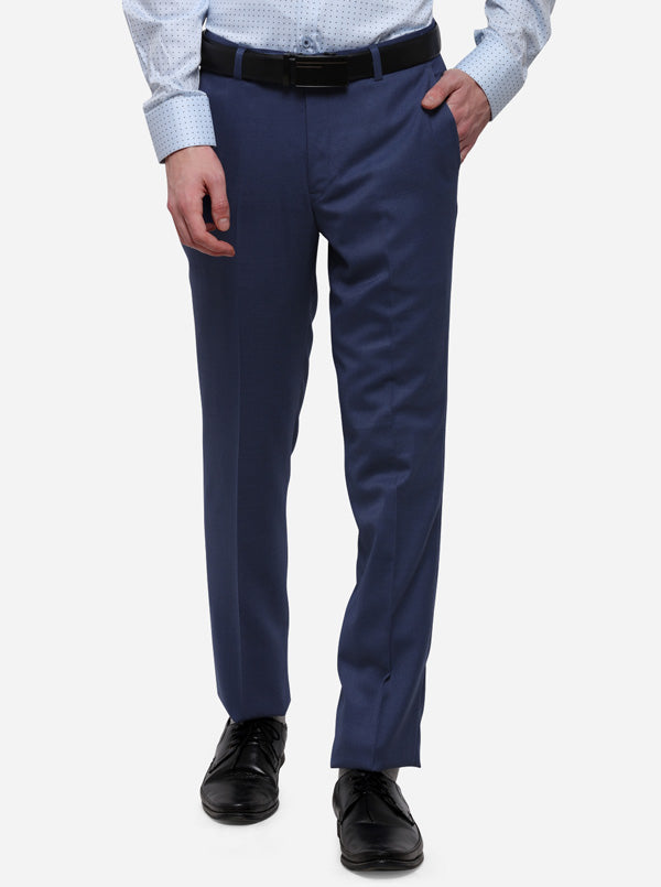 Blue Solid Slim Fit Formal Trouser | Metal