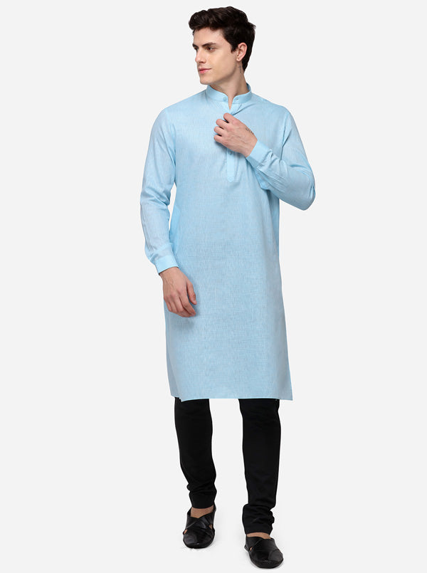 Sky Blue Self Textured Regular Fit Modi Kurta | JadeBlue