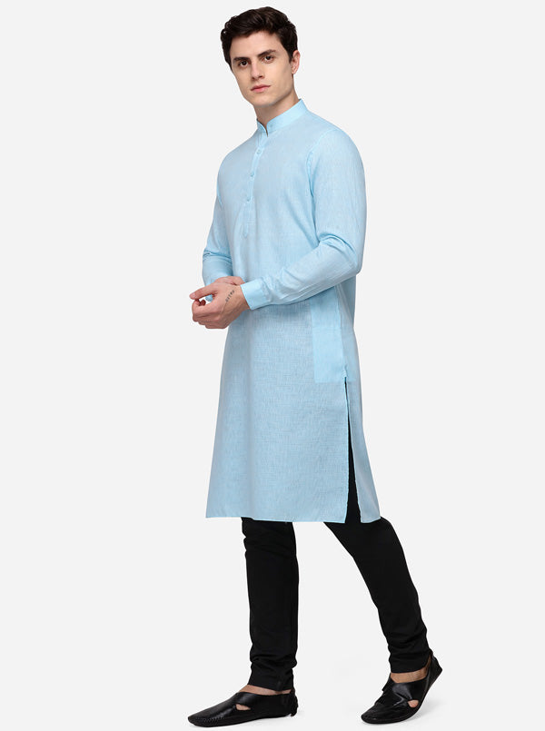 Sky Blue Self Textured Regular Fit Modi Kurta | JadeBlue