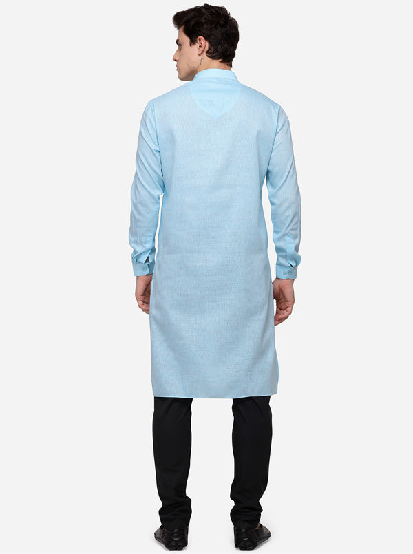 Sky Blue Self Textured Regular Fit Modi Kurta | JadeBlue