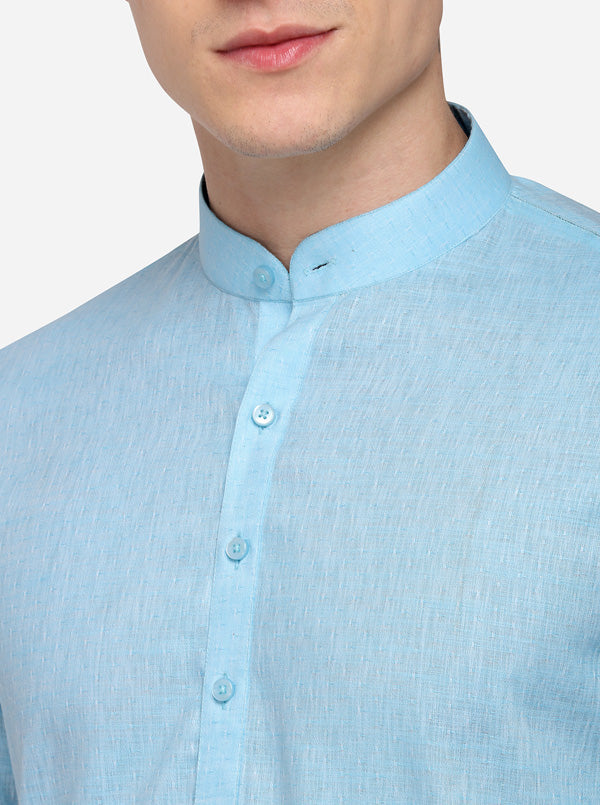 Sky Blue Self Textured Regular Fit Modi Kurta | JadeBlue