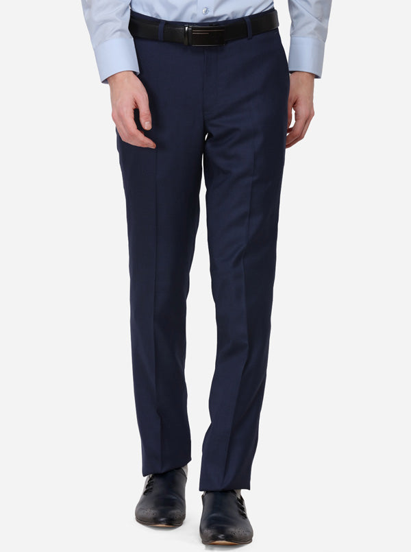 Navy Blue Solid Slim Fit Formal Trouser | Metal