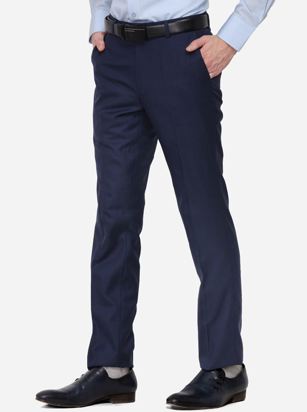 Navy Blue Solid Slim Fit Formal Trouser | Metal