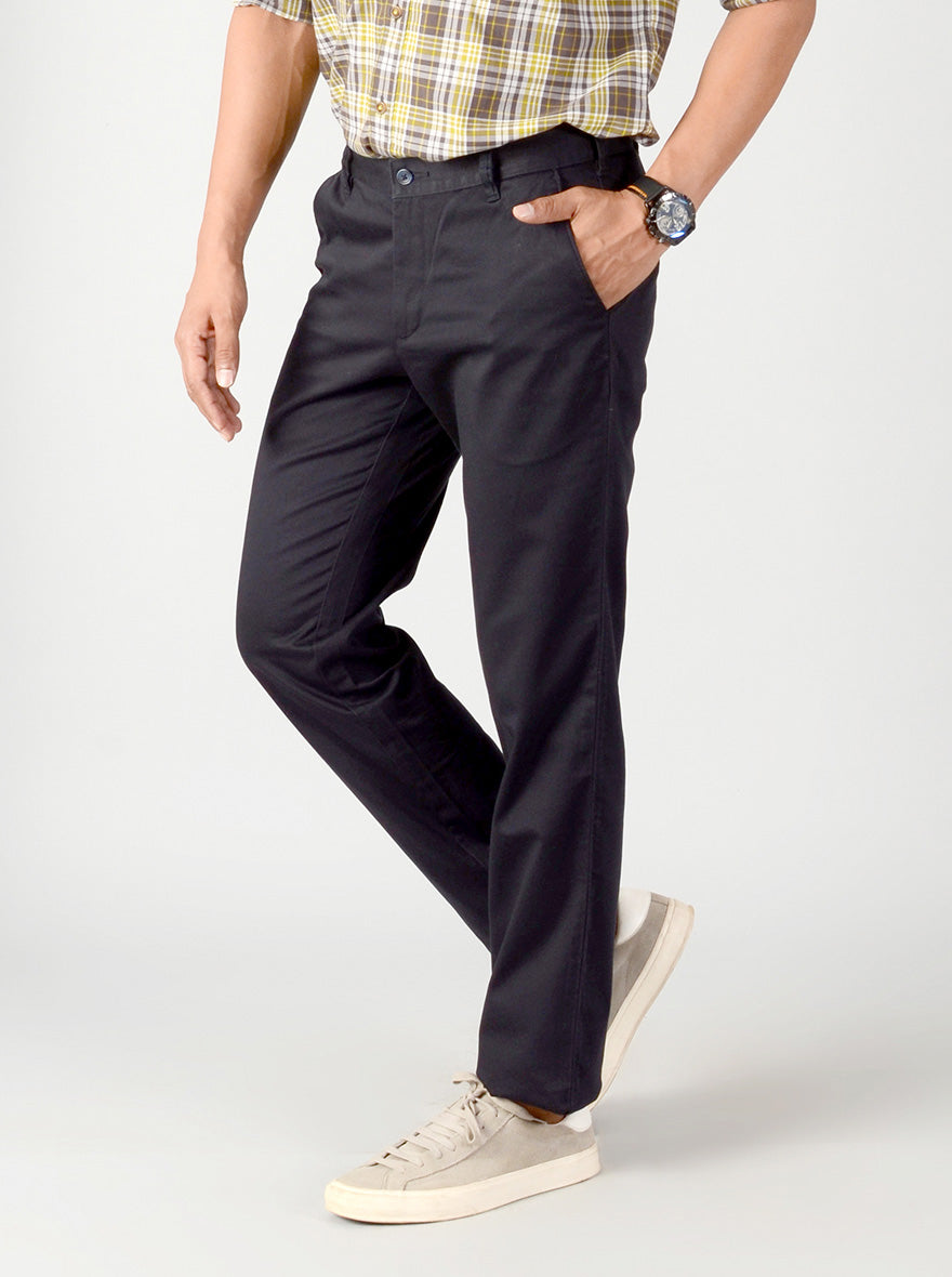 Navy Blue Solid Slim Fit Casual Trouser | Greenfibre