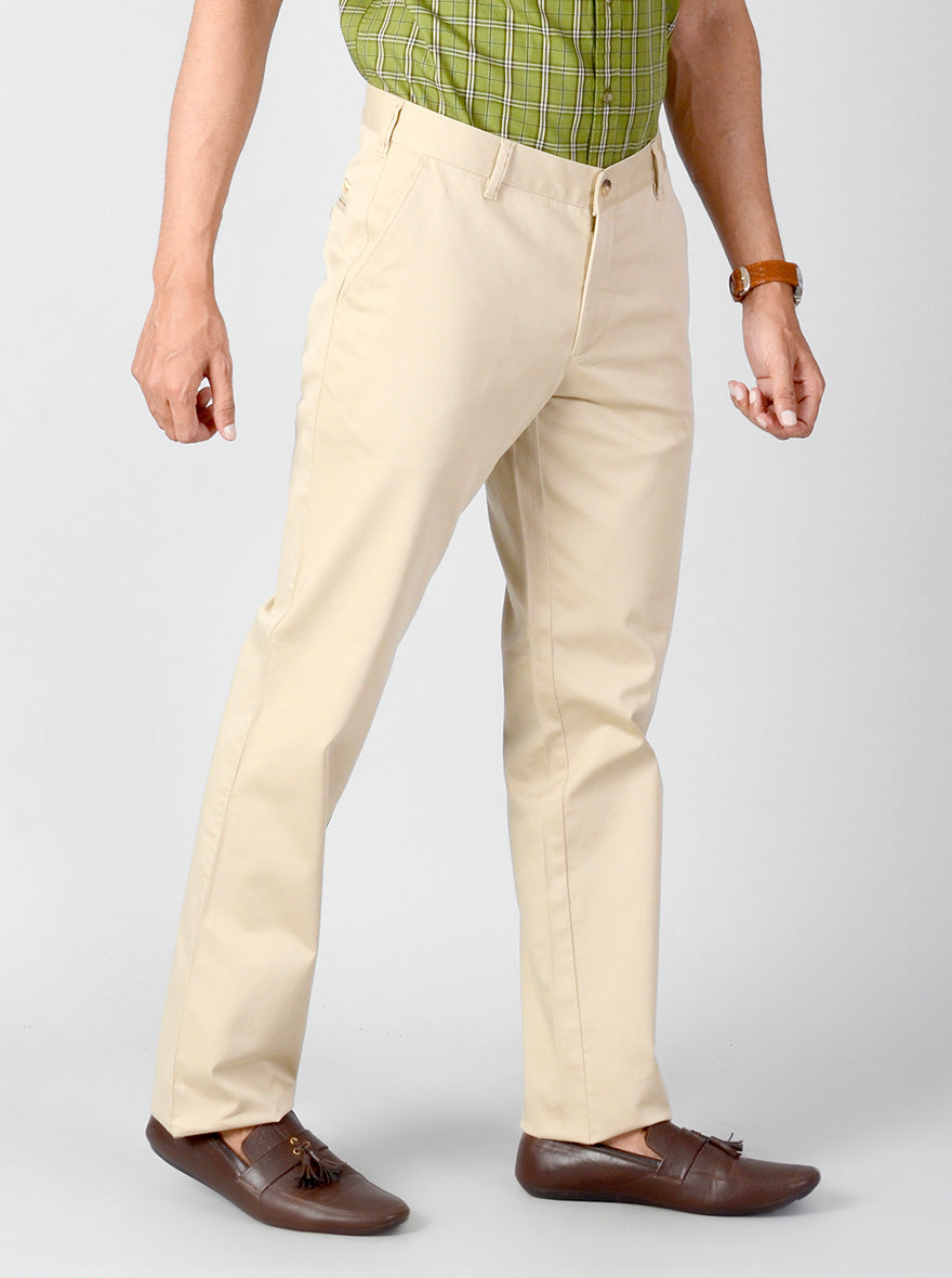 Beige Solid Slim Fit Casual Trouser | Greenfibre